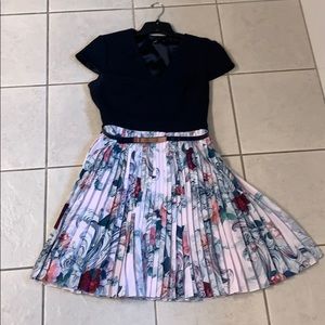 Ted Baker blue top and pink pleated bottom dress.